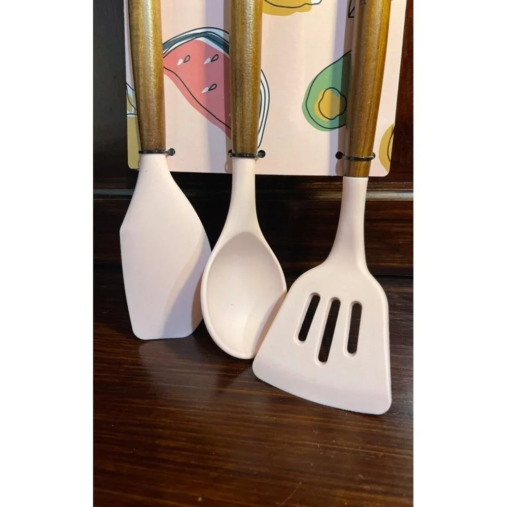 Phantom Chef 3 Piece Utensil Set‎ Pink Silicone Wood Handle Spatula Spoon Turner
